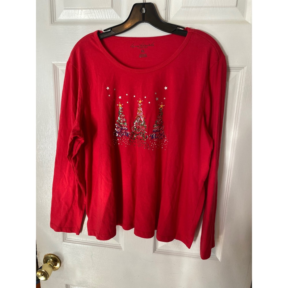 Gloria Vanderbilt Casuals Womens XL Red Christmas Tree Sequin Long‎ Sleeve Shirt